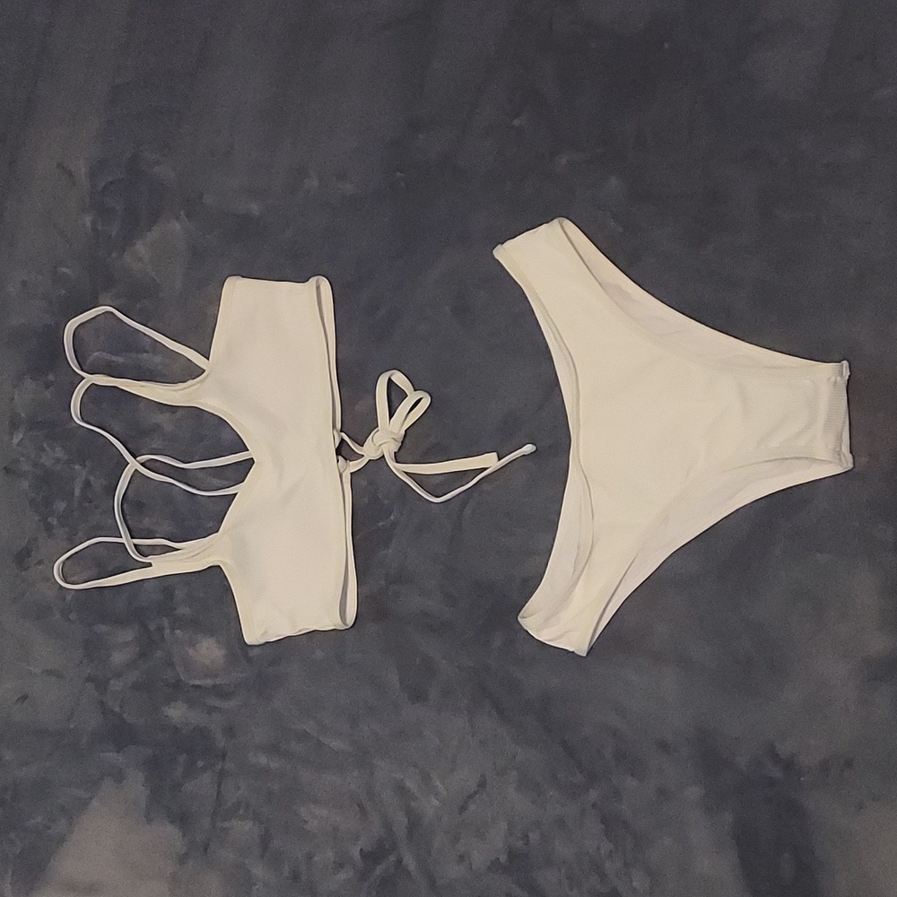 Bikini Two piece Swimsuit, White Ribbed - Small - NEW